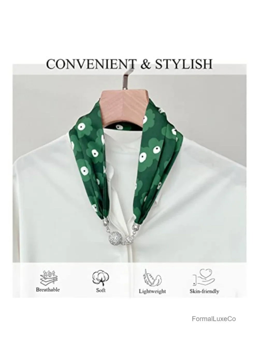 Women Magnetic Silk Scarf Necklace with Rhinestone Buckle Fashion Neckerchief